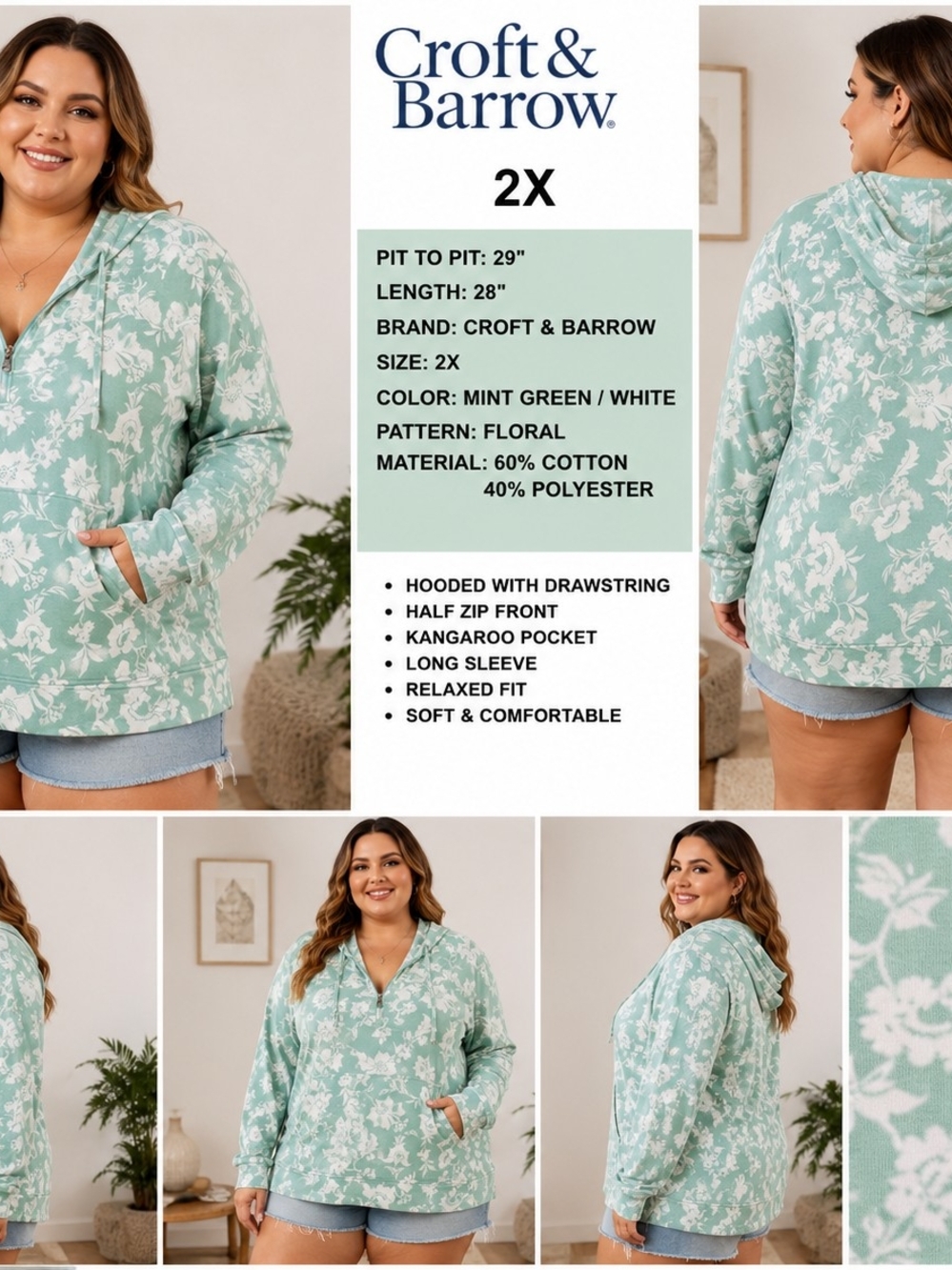P30 Croft & Barrow Plus Size 2X Floral Hoodie